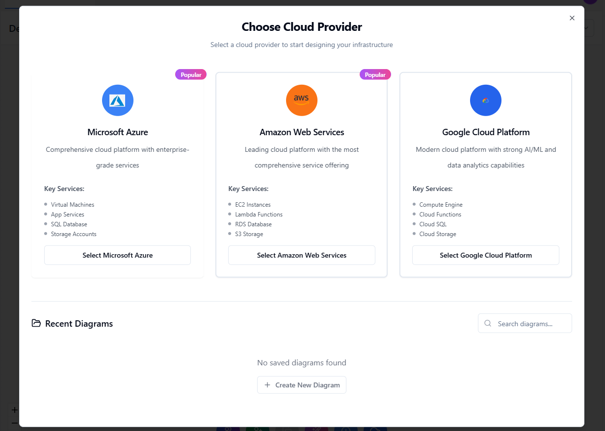 Cloud provider selection modal showing Azure, AWS, and GCP options
