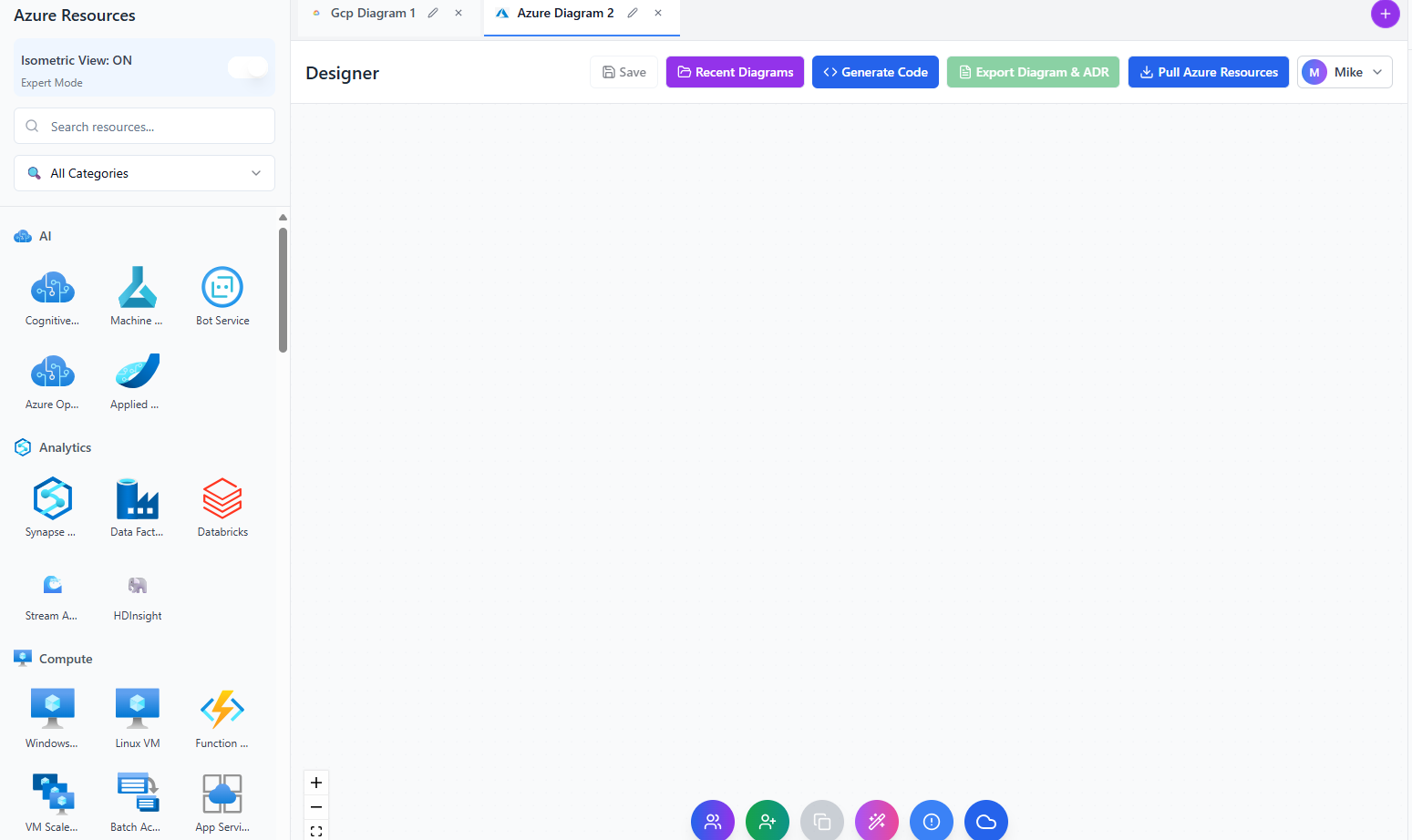 CloudForge designer interface with Azure resources sidebar and canvas