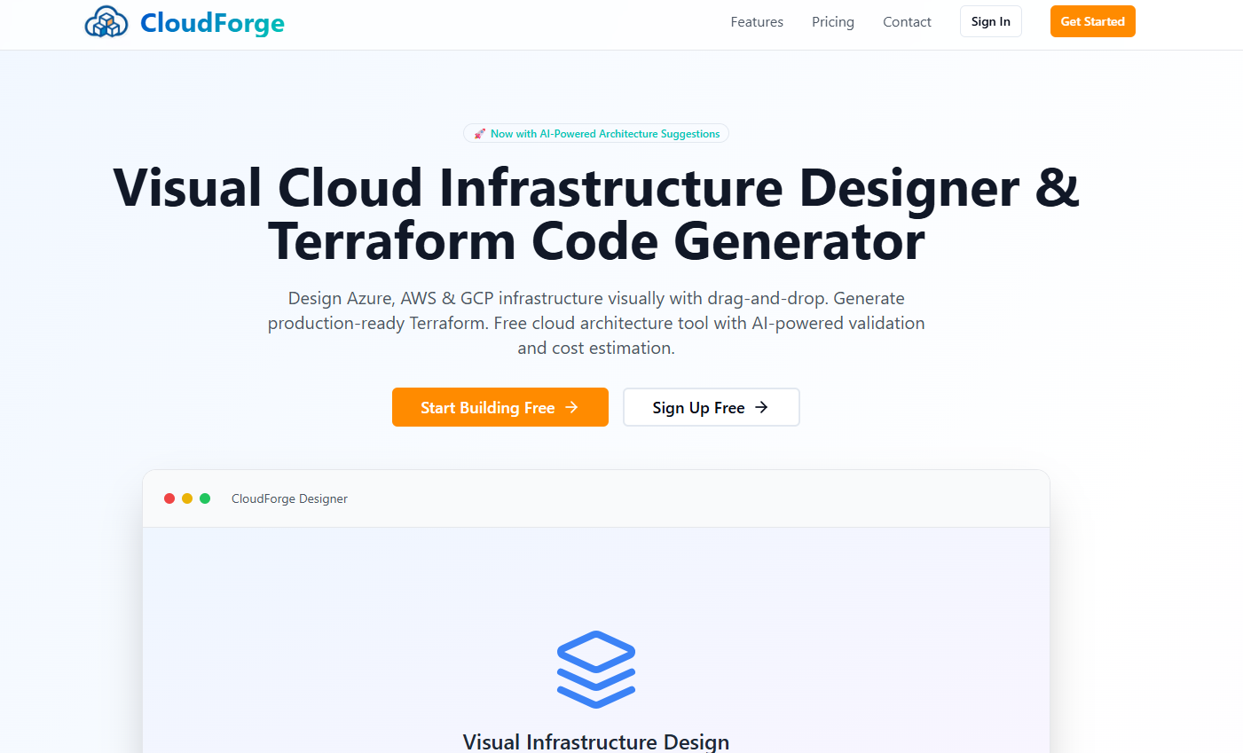 CloudForge homepage with hero section and call-to-action buttons