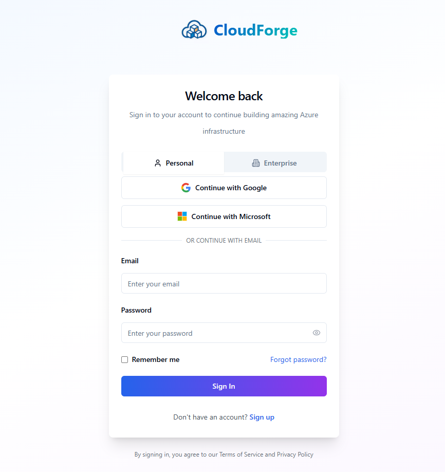 CloudForge login page with Google and Microsoft SSO options