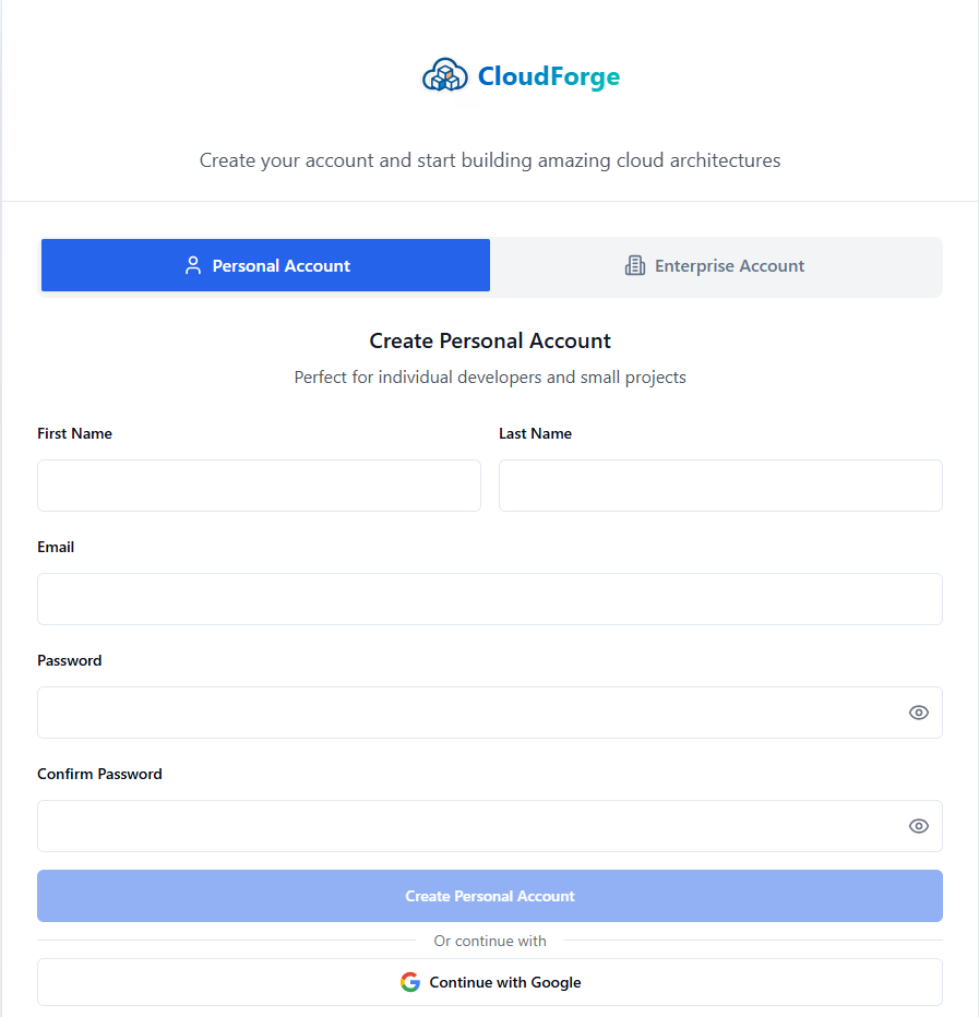 CloudForge sign-up page with registration options